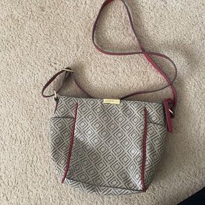 Beautiful spring bag. Beige/gray with red trim